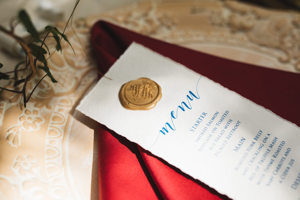 Blue Gold Watercolour Stationery Wax Seal Orangery Wedding Ideas Cat Lane Weddings