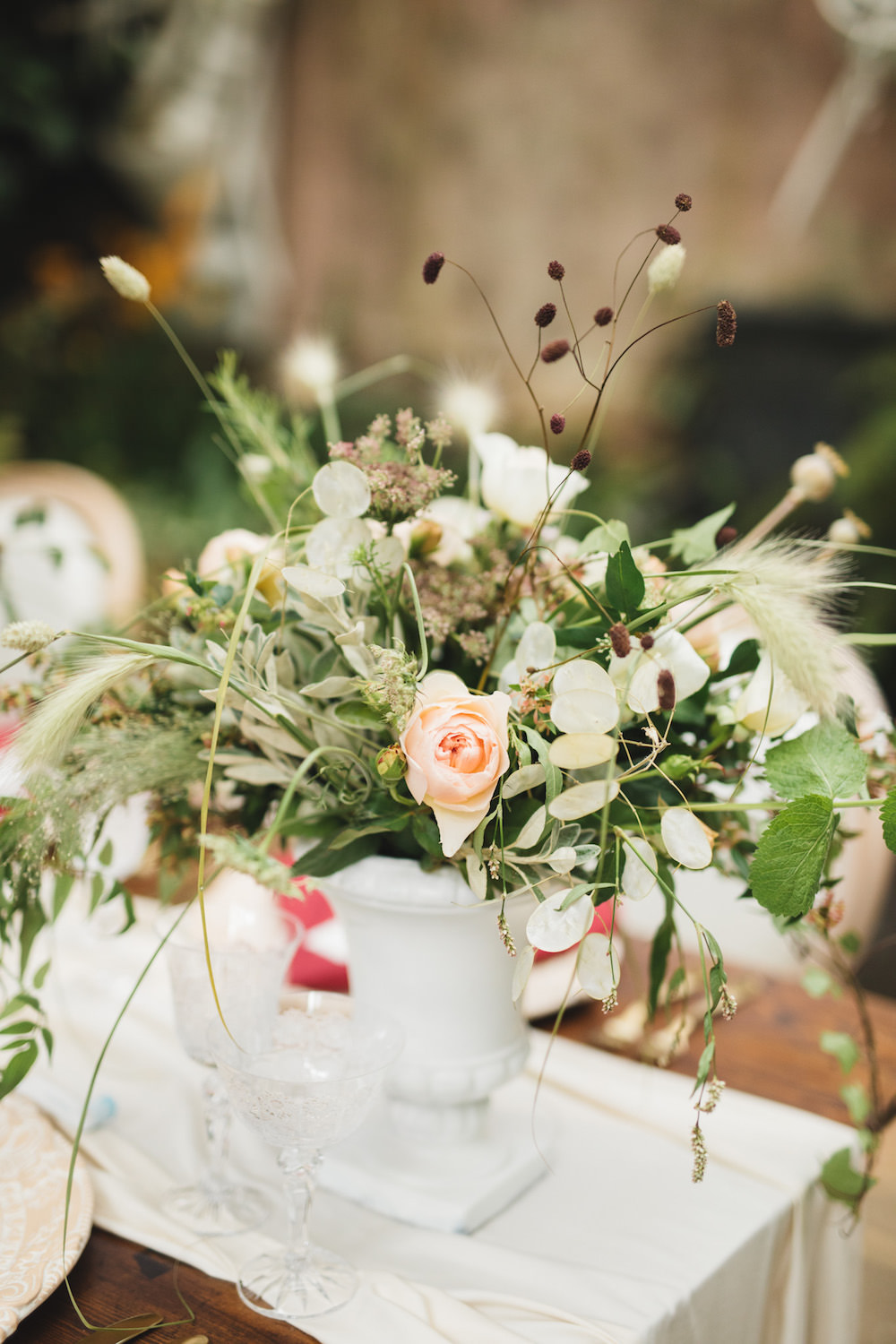 Table Flowers Centrepiece Decor Peach Rose Greenery Foliage Grass Orangery Wedding Ideas Cat Lane Weddings
