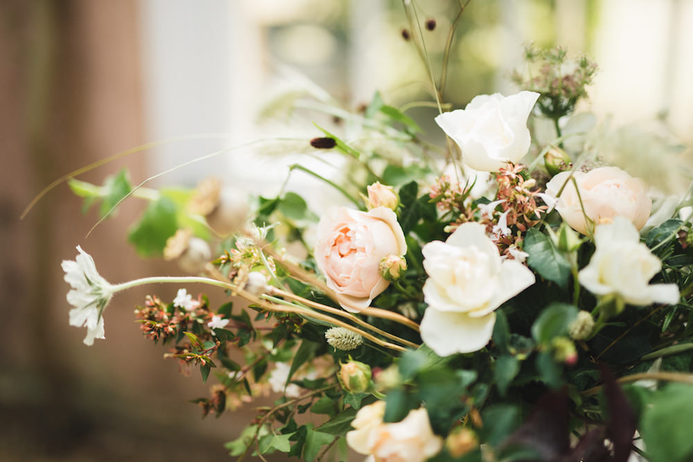 Table Flowers Centrepiece Decor Peach Rose Greenery Foliage Grass Orangery Wedding Ideas Cat Lane Weddings