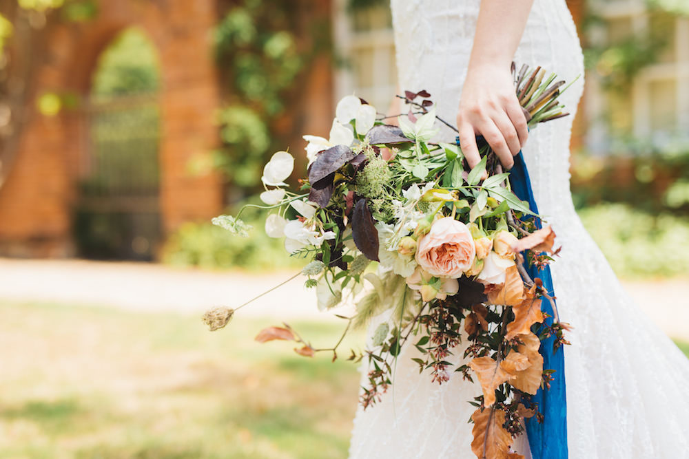 Bouquet Flowers Bride Bridal Peach Rose Grass Leaves Ribbon Orangery Wedding Ideas Cat Lane Weddings
