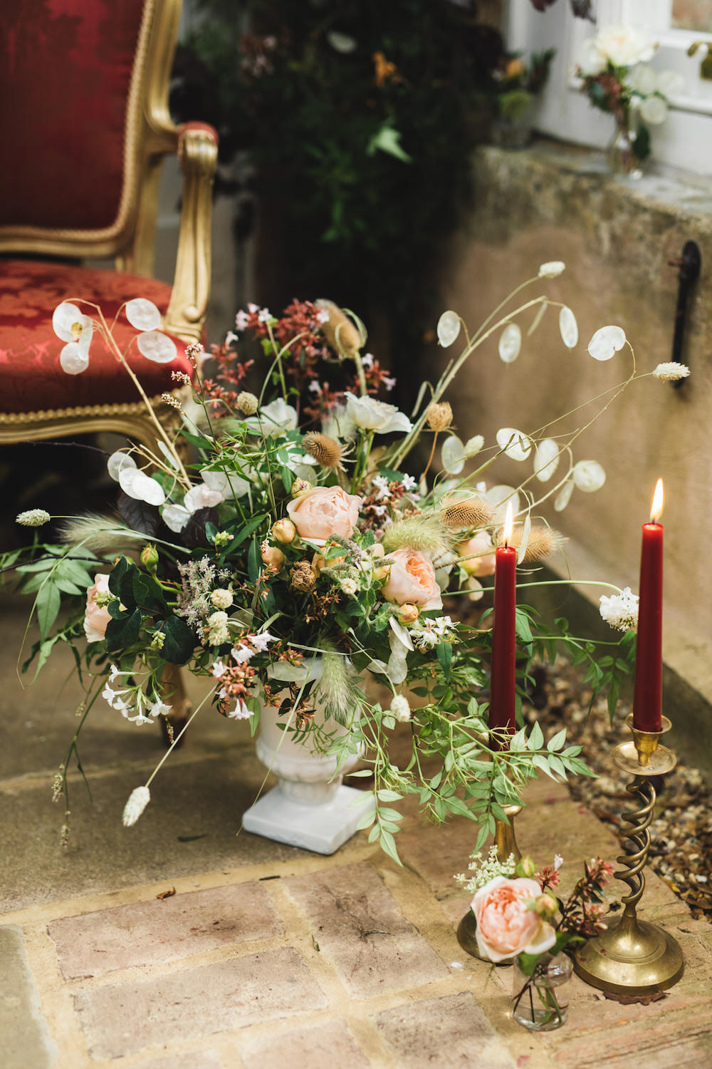 Flowers Centrepiece Decor Peach Rose Greenery Foliage Grass Orangery Wedding Ideas Cat Lane Weddings