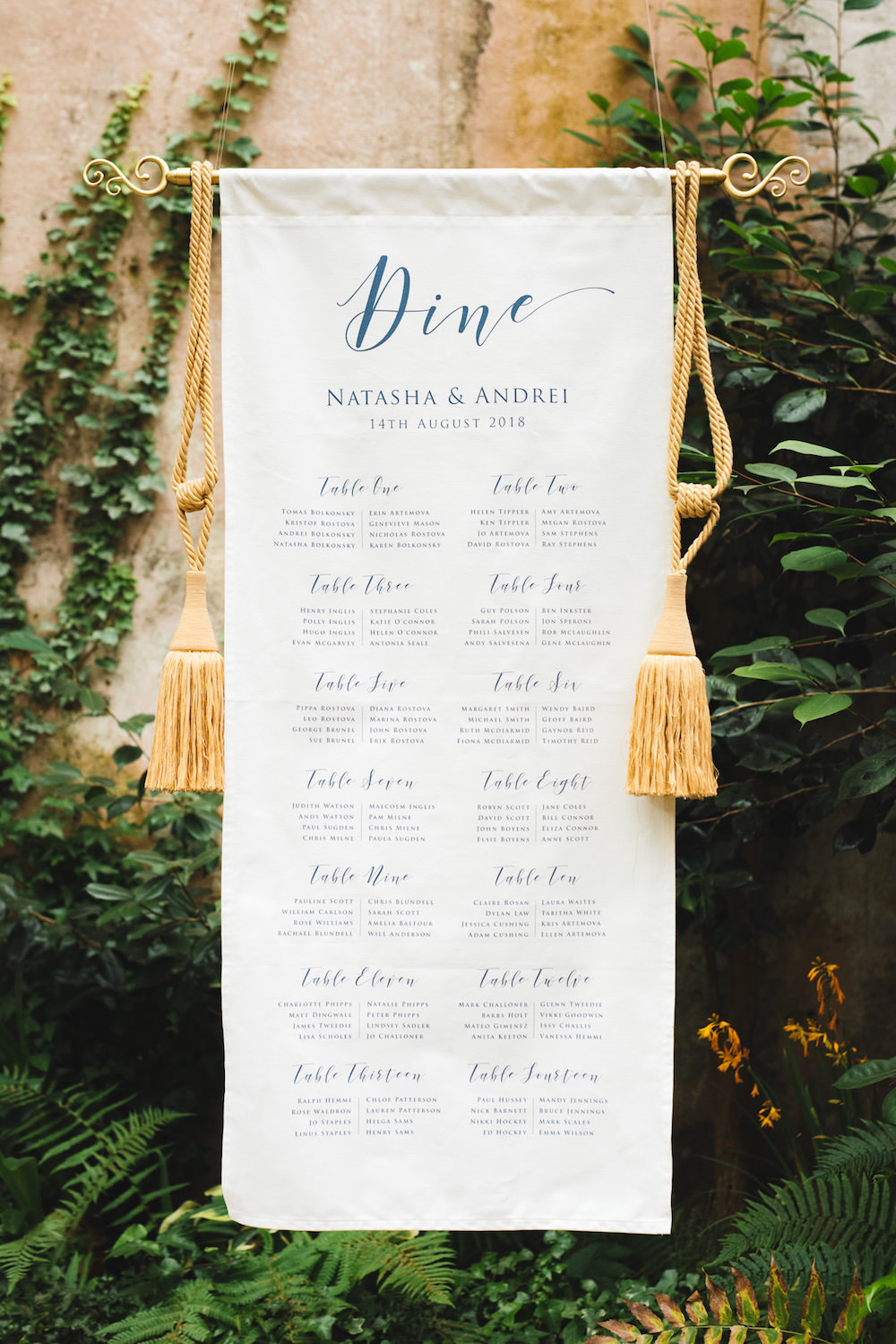 Banner Fabric Sign Blue Calligraphy Tassel Seating Plan Table Chart Orangery Wedding Ideas Cat Lane Weddings
