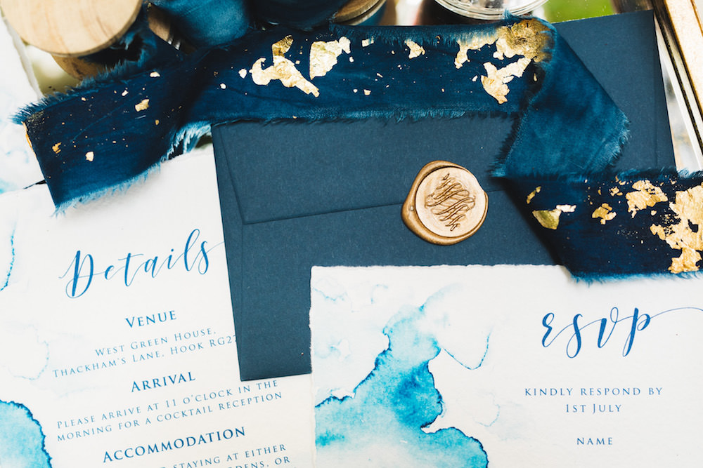 Blue Gold Watercolour Stationery Invite Invitations Orangery Wedding Ideas Cat Lane Weddings