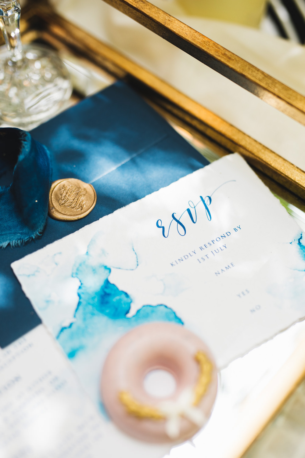 Blue Gold Watercolour Stationery Invite Invitations Orangery Wedding Ideas Cat Lane Weddings