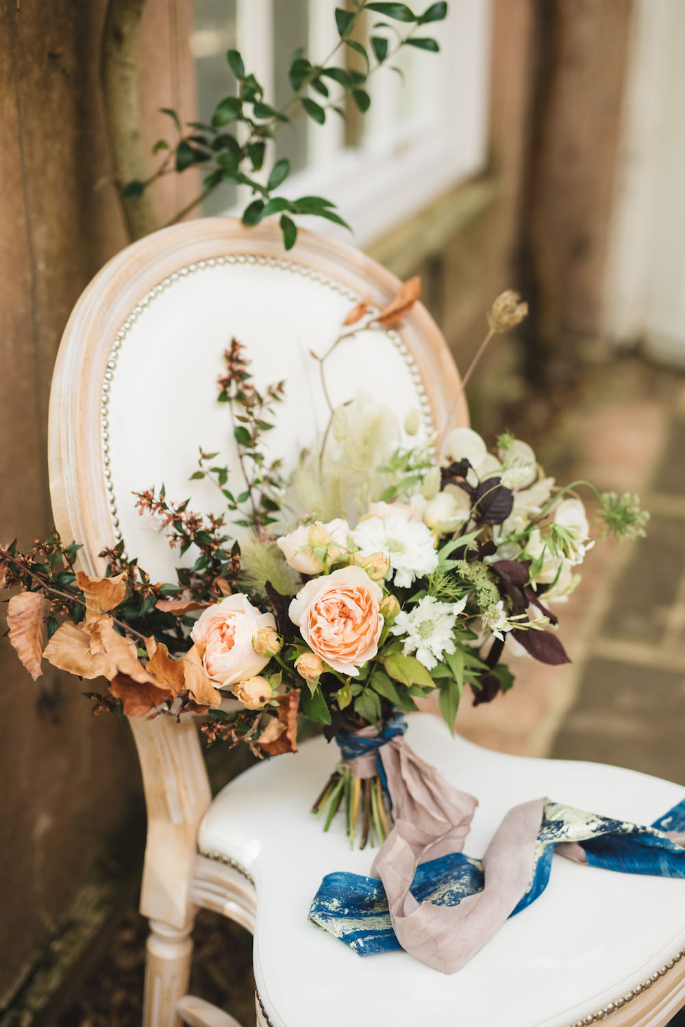 Bouquet Flowers Bride Bridal Peach Rose Grass Leaves Ribbon Orangery Wedding Ideas Cat Lane Weddings