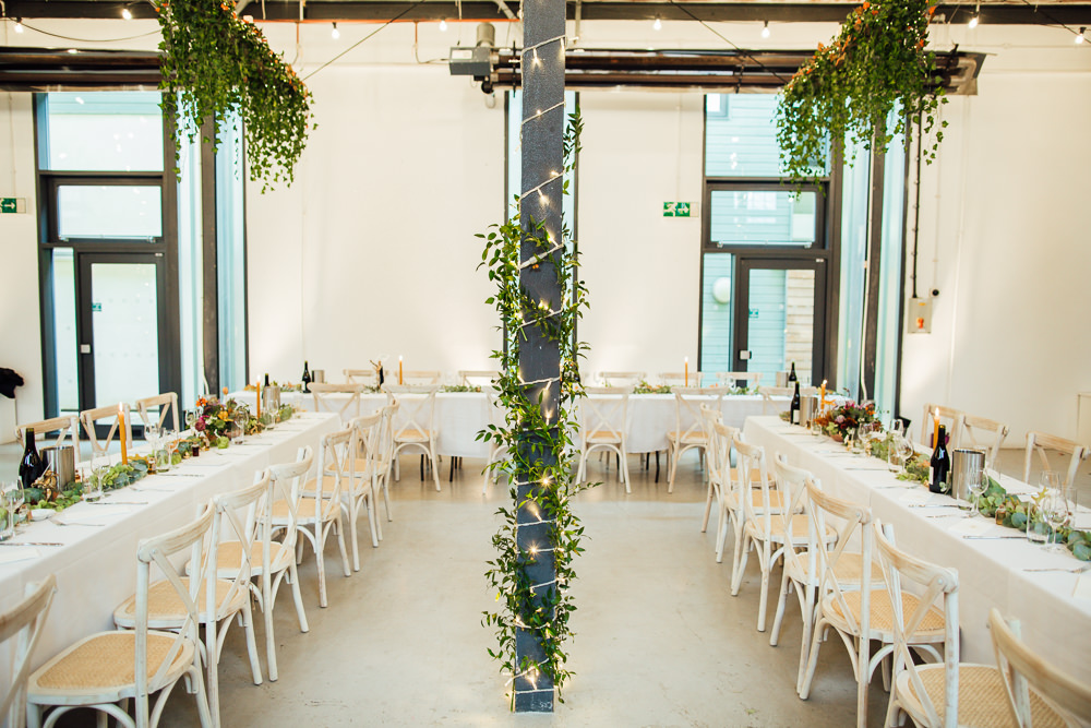 Greenery Foliage Warehouse Decor Fairy Lights Lighting Paintworks Wedding Matt Willis Photography