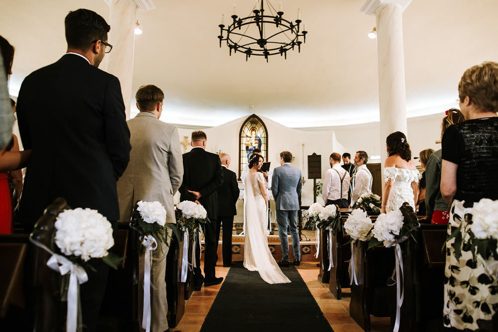 Bride Bridal Jenny Packham Beaded Short Sleeve Dress Gown Blue Suit Groom Hairpiece Veil Pew End Hydrangea Portugal Destination Wedding Ana Parker Photography