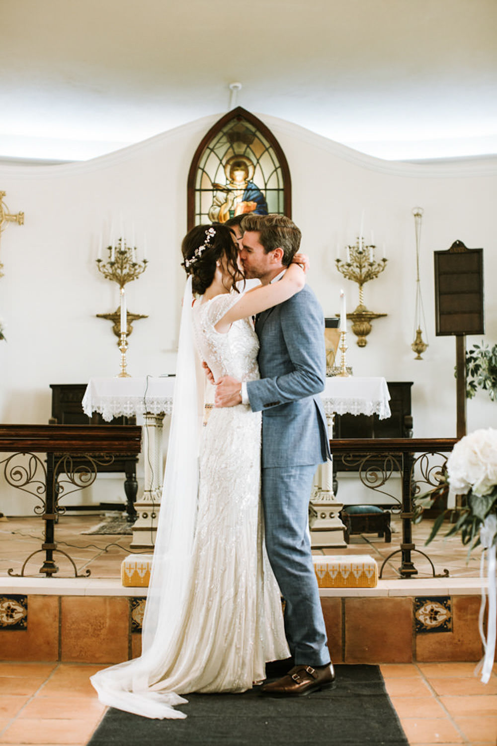 Bride Bridal Jenny Packham Beaded Short Sleeve Dress Gown Blue Suit Groom Hairpiece Veil Portugal Destination Wedding Ana Parker Photography