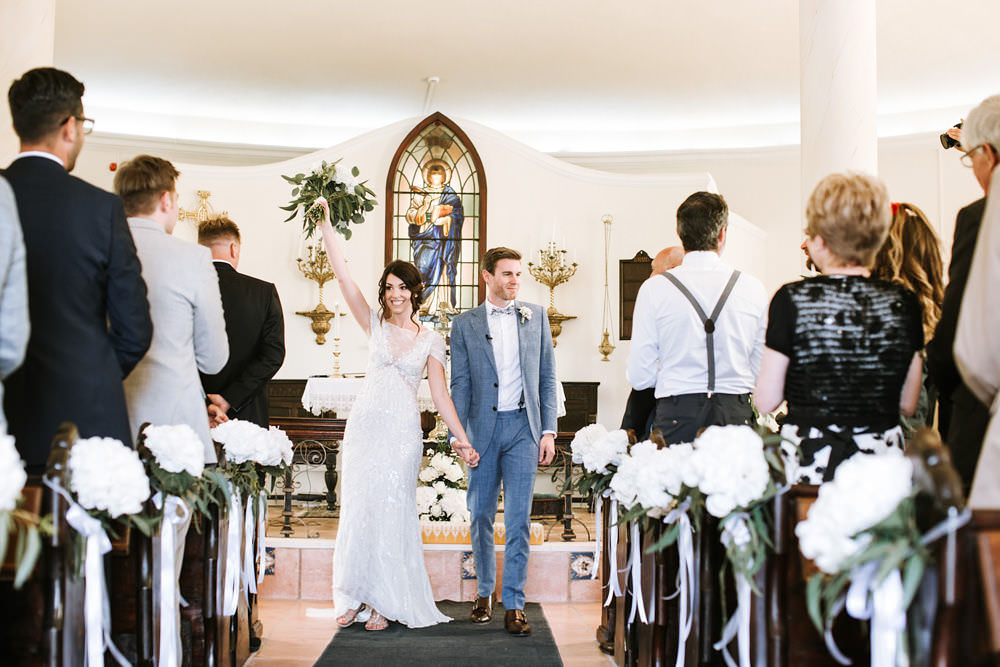 Bride Bridal Jenny Packham Beaded Short Sleeve Dress Gown Blue Suit Groom Hairpiece Veil Hydrangea Pew Ends Portugal Destination Wedding Ana Parker Photography