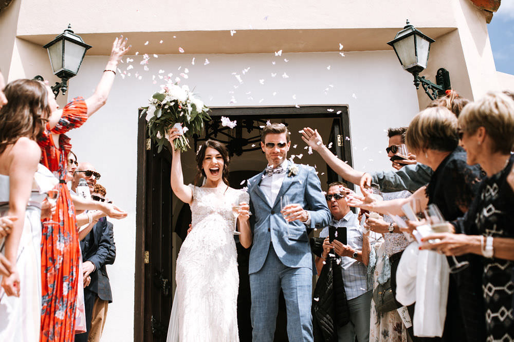 Bride Bridal Jenny Packham Beaded Short Sleeve Dress Gown Blue Suit Groom Hairpiece Veil Bouquet Confetti Portugal Destination Wedding Ana Parker Photography