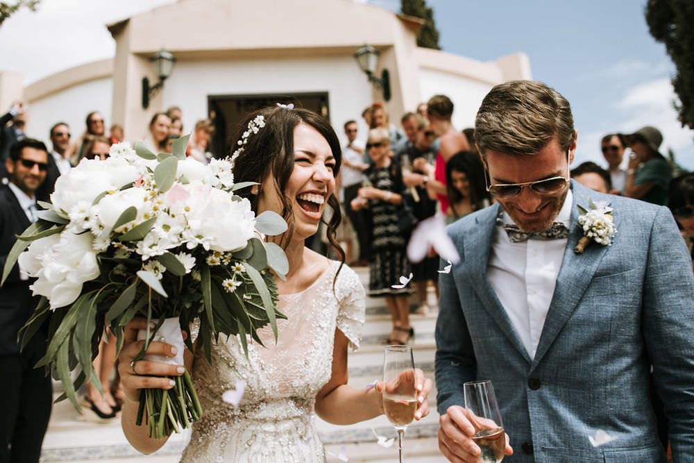 Bride Bridal Jenny Packham Beaded Short Sleeve Dress Gown Blue Suit Groom Hairpiece Veil Bouquet Portugal Destination Wedding Ana Parker Photography