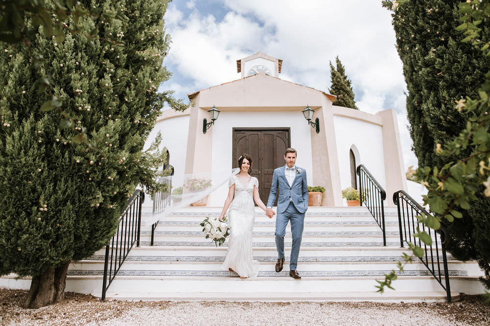 Bride Bridal Jenny Packham Beaded Short Sleeve Dress Gown Blue Suit Groom Hairpiece Veil Portugal Destination Wedding Ana Parker Photography