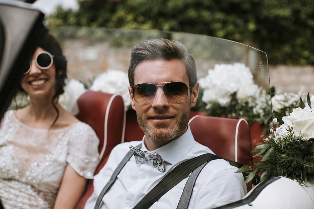 Bride Groom Sunglasses Vintage Car Transport Portugal Destination Wedding Ana Parker Photography