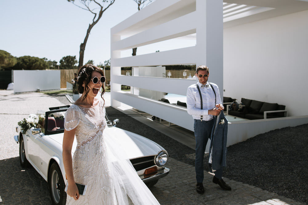 Bride Bridal Jenny Packham Beaded Short Sleeve Dress Gown Blue Suit Groom Braces Bow Tie Hairpiece Veil Portugal Destination Wedding Ana Parker Photography