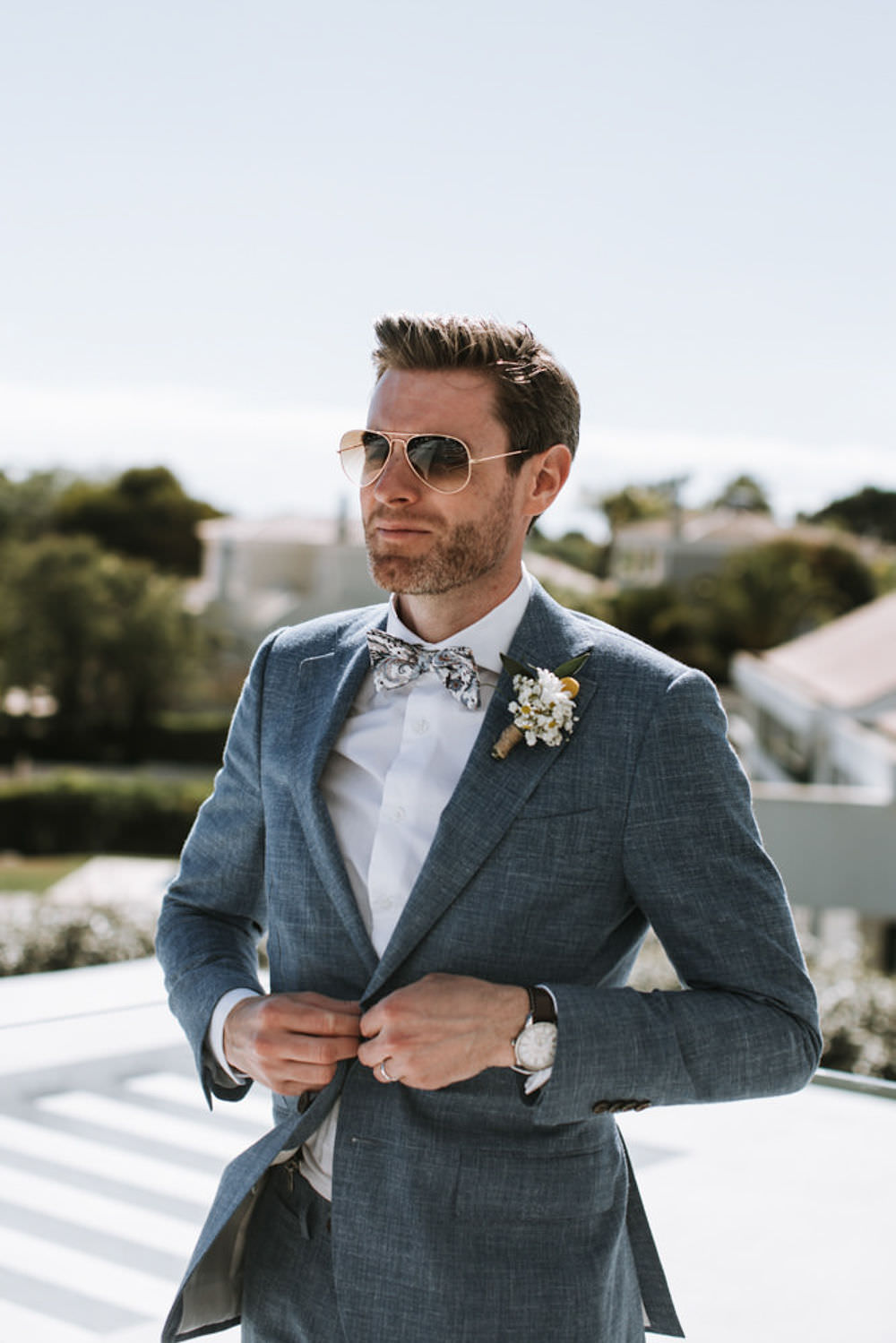 Blue Suit Groom Floral Bow Tie Portugal Destination Wedding Ana Parker Photography