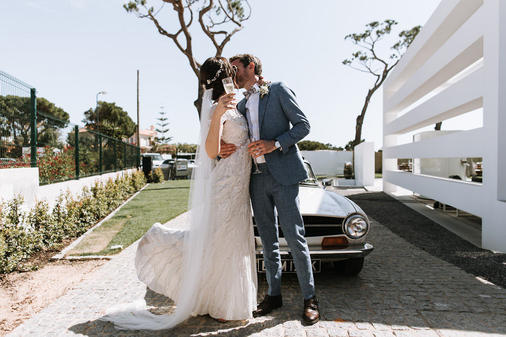 Bride Bridal Jenny Packham Beaded Short Sleeve Dress Gown Blue Suit Groom Hairpiece Veil Portugal Destination Wedding Ana Parker Photography