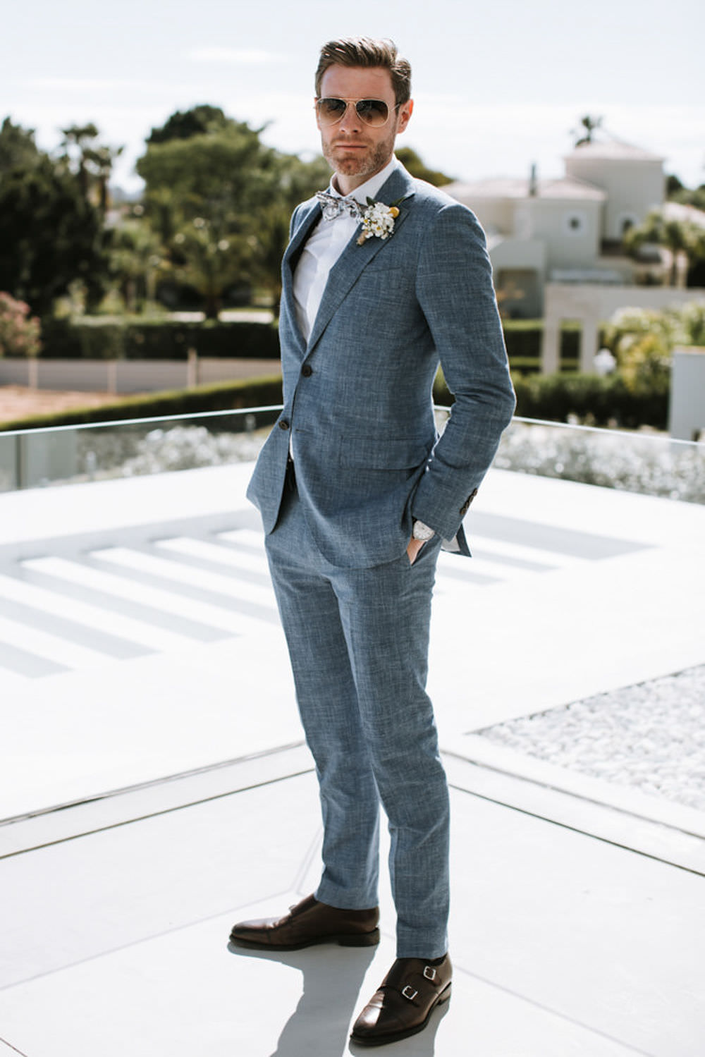 Blue Suit Groom Floral Bow Tie Portugal Destination Wedding Ana Parker Photography