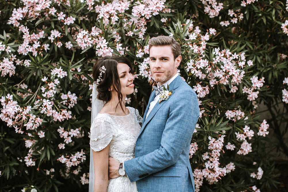 Bride Bridal Jenny Packham Beaded Short Sleeve Dress Gown Blue Suit Groom Bow Tie Hairpiece Veil Portugal Destination Wedding Ana Parker Photography