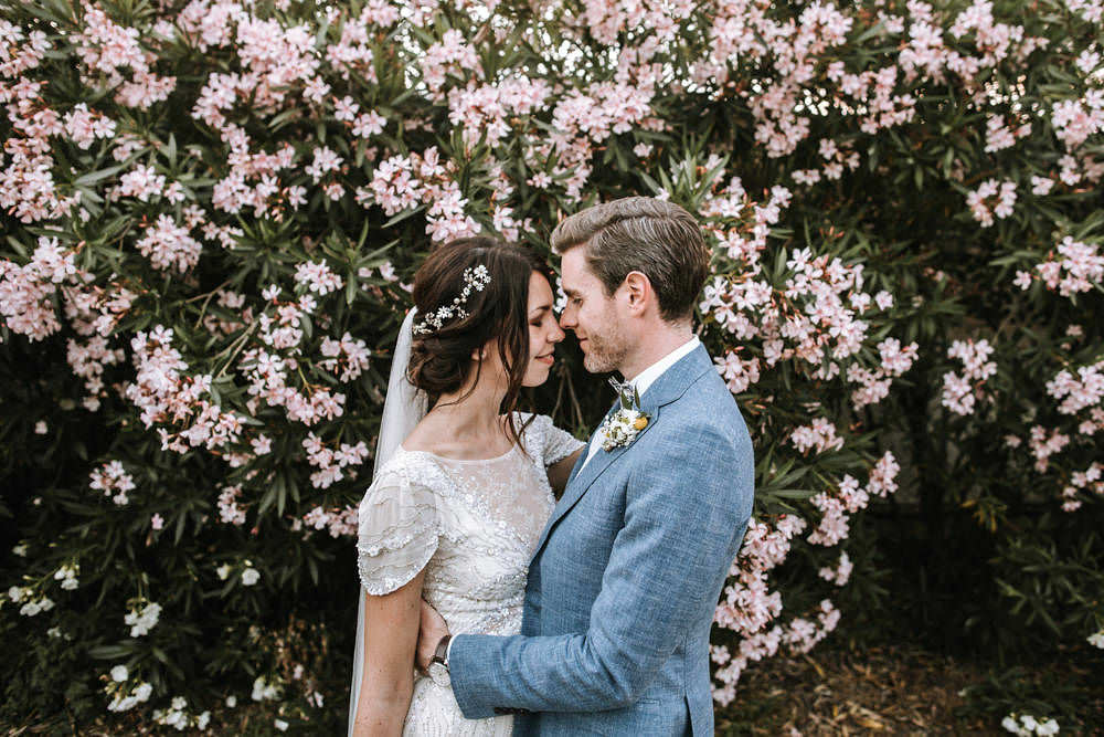 Bride Bridal Jenny Packham Beaded Short Sleeve Dress Gown Blue Suit Groom Hairpiece Veil Bow Tie Portugal Destination Wedding Ana Parker Photography