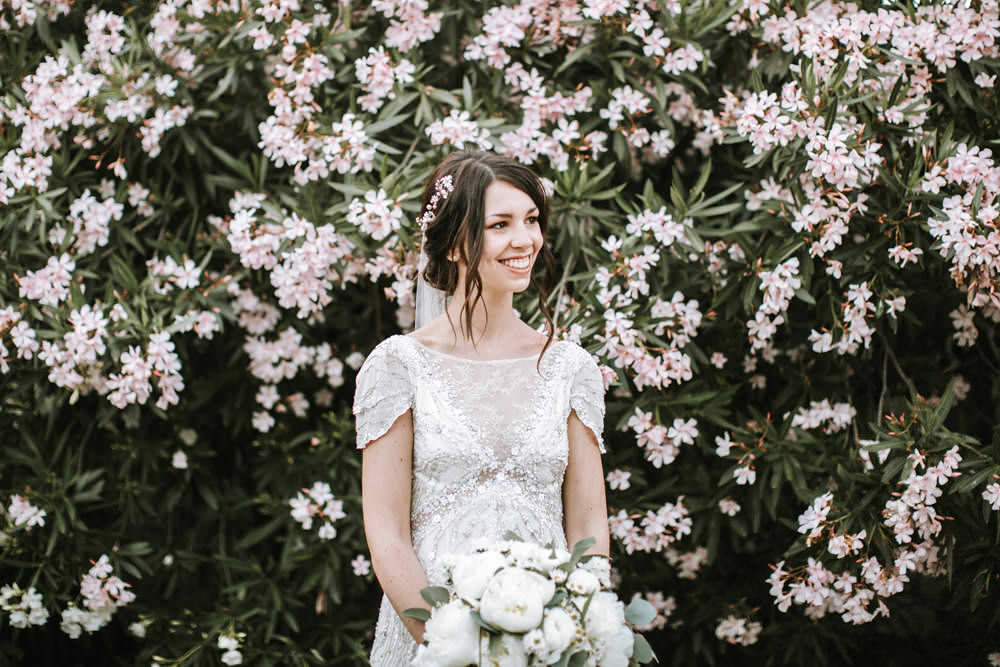 Bride Bridal Jenny Packham Beaded Short Sleeve Dress Gown Hairpiece Veil Bouquet White Peony Portugal Destination Wedding Ana Parker Photography