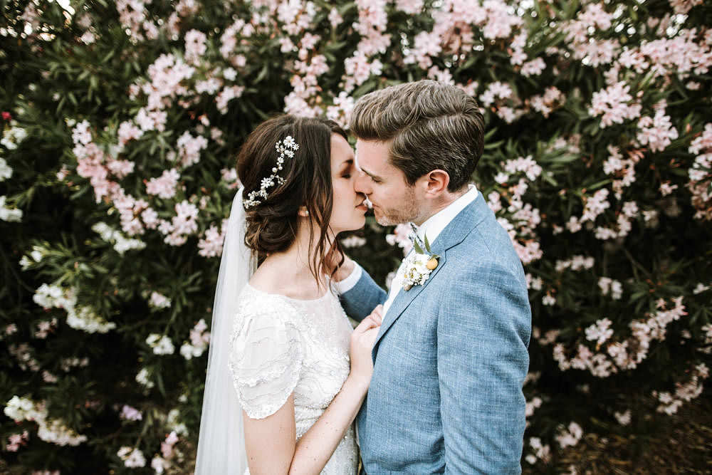 Bride Bridal Jenny Packham Beaded Short Sleeve Dress Gown Blue Suit Groom Hairpiece Veil Portugal Destination Wedding Ana Parker Photography
