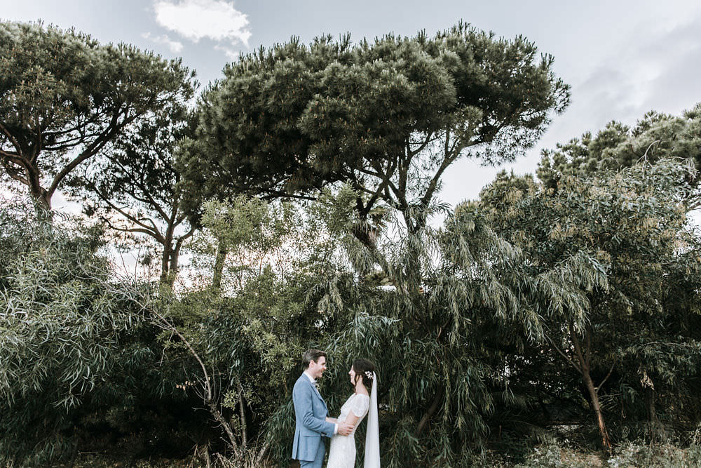 Bride Bridal Jenny Packham Beaded Short Sleeve Dress Gown Blue Suit Groom Hairpiece Veil Portugal Destination Wedding Ana Parker Photography