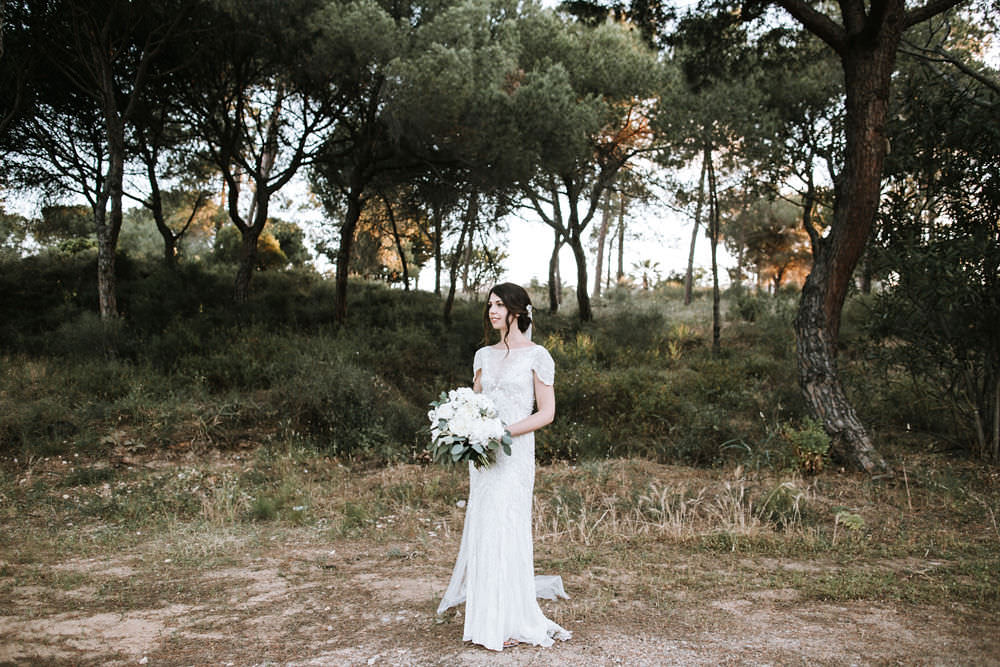 Bride Bridal Jenny Packham Beaded Short Sleeve Dress Gown Bouquet Hairpiece Veil Portugal Destination Wedding Ana Parker Photography