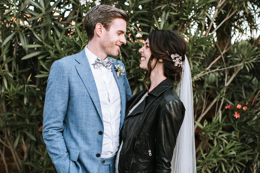 Bride Bridal Jenny Packham Beaded Short Sleeve Dress Gown Blue Suit Groom Hairpiece Veil Leather Jacket Portugal Destination Wedding Ana Parker Photography