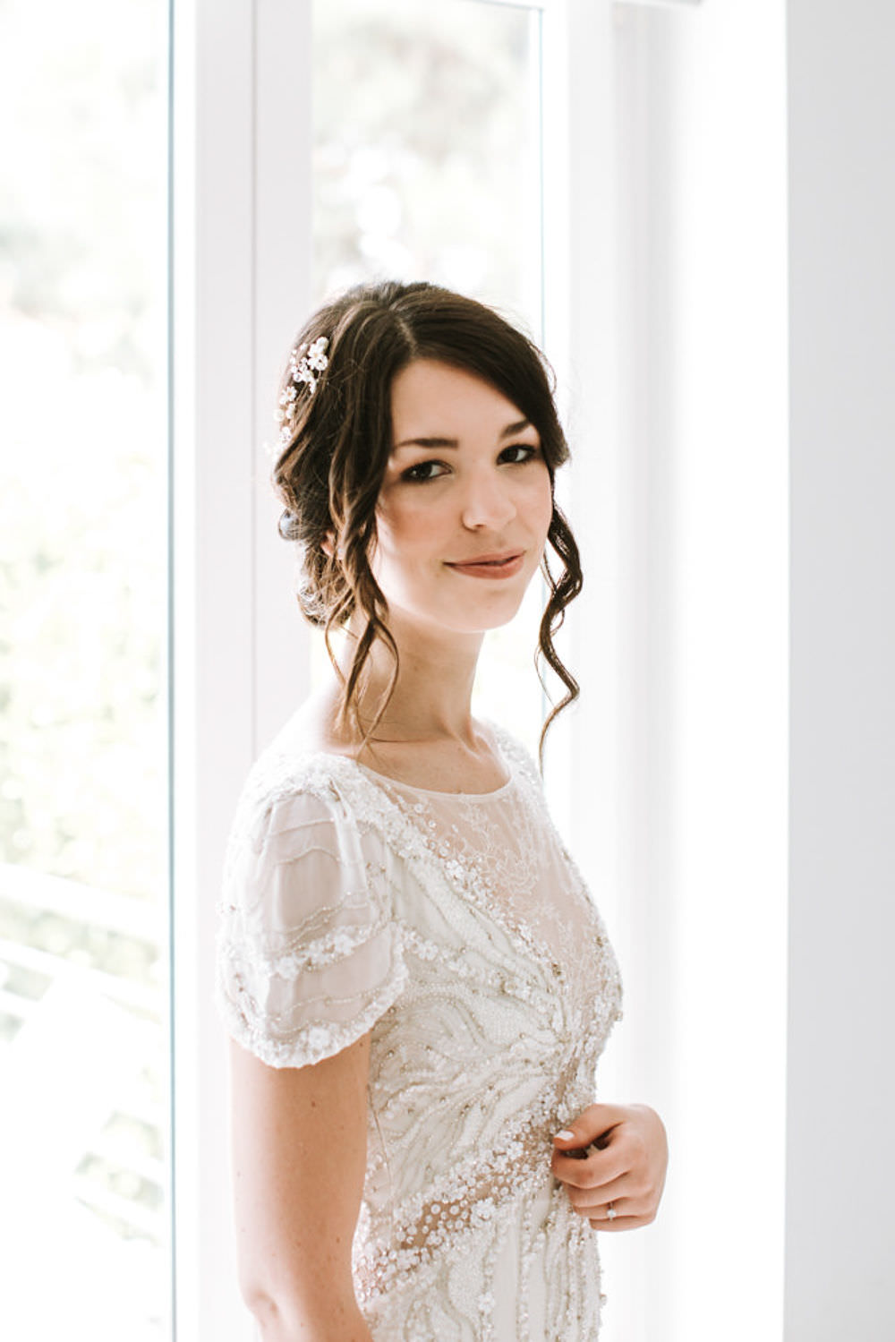 Bride Bridal Up Do Loose Curl Hair Vine Beaded Dress Jenny Packham Portugal Destination Wedding Ana Parker Photography