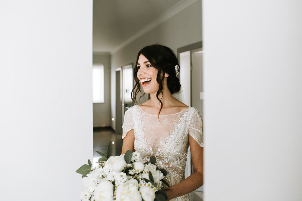 Bride Bridal Jenny Packham Beaded Short Sleeve Dress Gown Hairpiece Veil White Peony Bouquet Portugal Destination Wedding Ana Parker Photography
