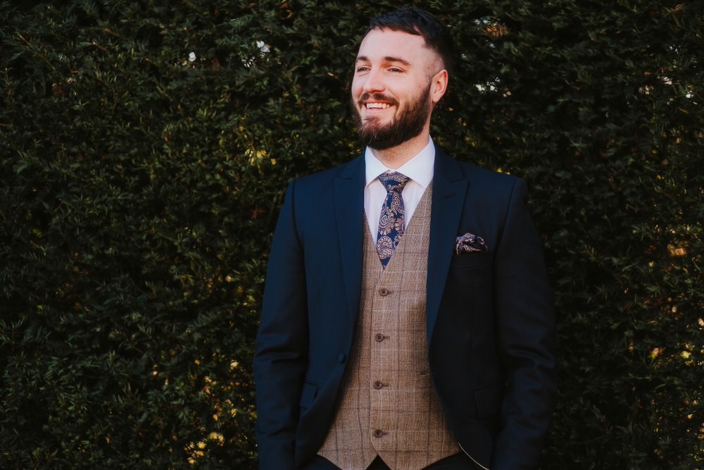 Groom Suit Style Waistcoat Tie Navy Tweed Romantic Wedding Ideas Neon Lighting Kate McCarthy Photography