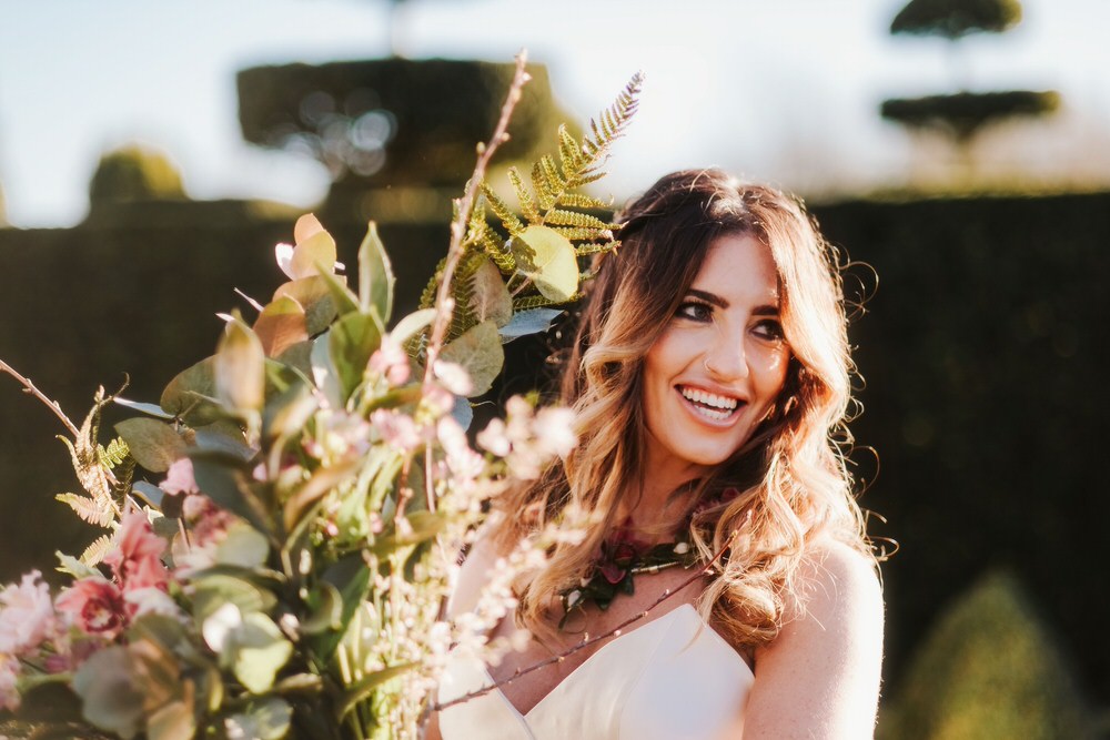 Bride Bridal Bouquet Flowers Large Wild Foliage Greenery Roses Romantic Wedding Ideas Neon Lighting Kate McCarthy Photography