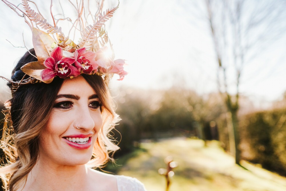 Bride Bridal Make Up Hair Up Do Style Flower Crown Tiara Romantic Wedding Ideas Neon Lighting Kate McCarthy Photography