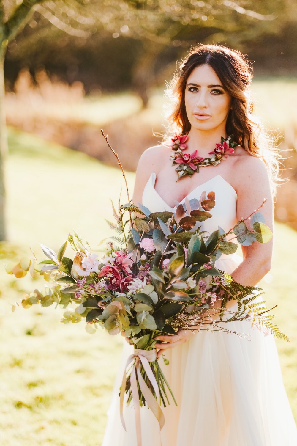 Bride Bridal Bouquet Flowers Large Wild Foliage Greenery Roses Romantic Wedding Ideas Neon Lighting Kate McCarthy Photography