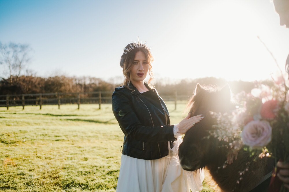 Leather Jacket Bride Bridal Painted Personalised Romantic Wedding Ideas Neon Lighting Kate McCarthy Photography