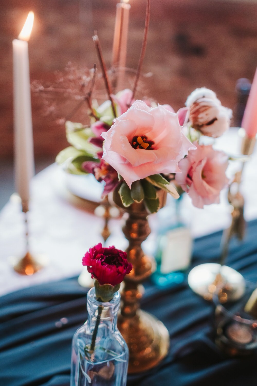 Table Flowers Candlestick Bottle Romantic Wedding Ideas Neon Lighting Kate McCarthy Photography