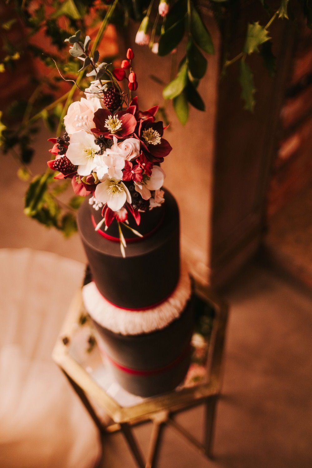 Cake Black Red Blush Floral Tall Flowers Romantic Wedding Ideas Neon Lighting Kate McCarthy Photography