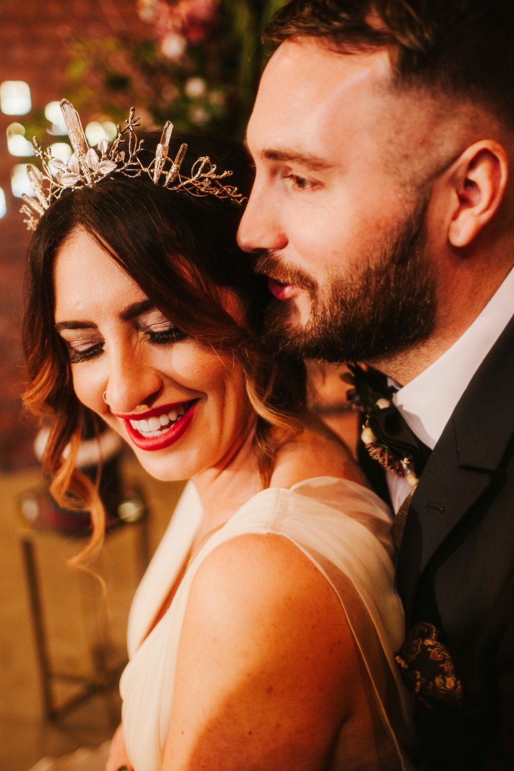 Bride Bridal Make Up Hair Up Do Style Accessory Crown Tiara Romantic Wedding Ideas Neon Lighting Kate McCarthy Photography