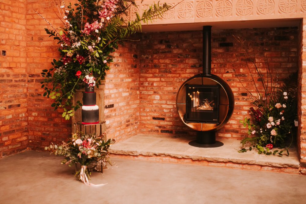 Fireplace Flowers Flower Installation Romantic Wedding Ideas Neon Lighting Kate McCarthy Photography