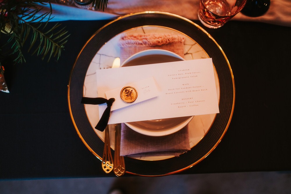 Place Setting Decor Plates Stationery Wax Seal Place Name Romantic Wedding Ideas Neon Lighting Kate McCarthy Photography