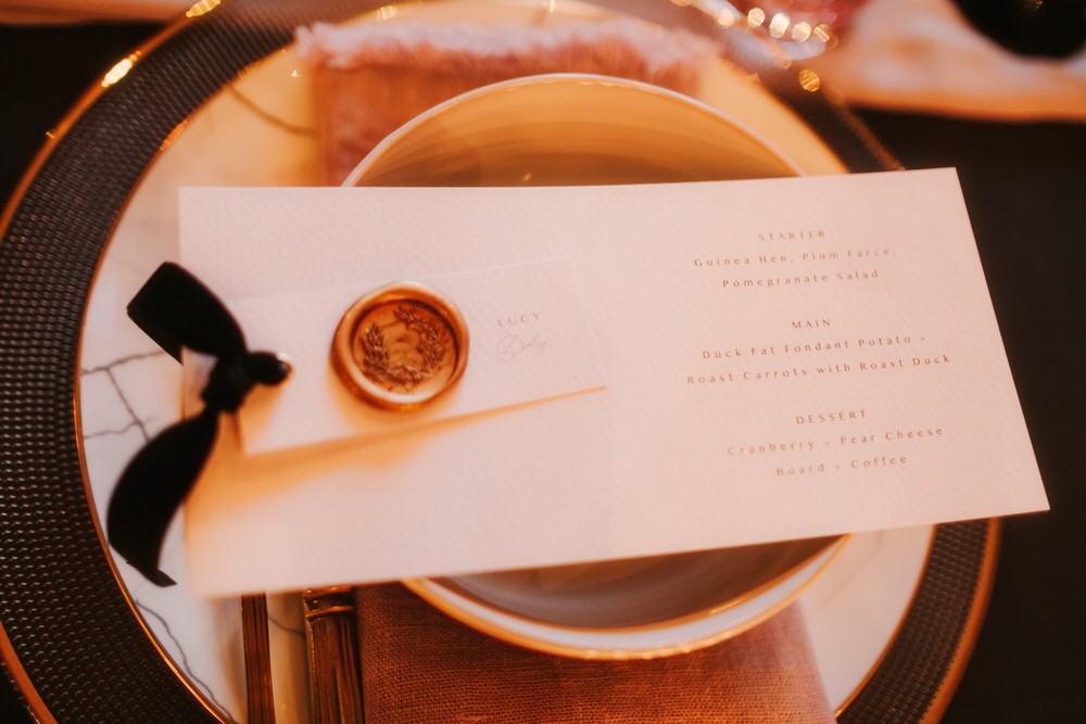 Place Setting Decor Plates Stationery Wax Seal Place Name Romantic Wedding Ideas Neon Lighting Kate McCarthy Photography