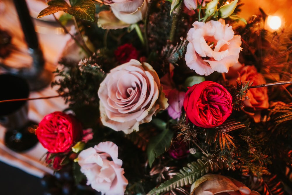 Table Centrepiece Flowers Rose Pink Red Romantic Wedding Ideas Neon Lighting Kate McCarthy Photography