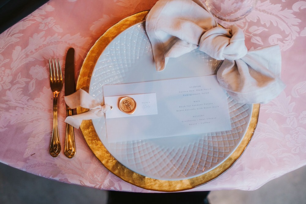 Place Setting Decor Plates Stationery Wax Seal Place Name Romantic Wedding Ideas Neon Lighting Kate McCarthy Photography