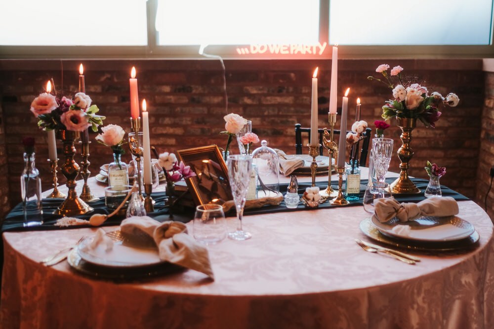Tablescape Table Decor Flowers Centrepiece Candles Tablewear Romantic Wedding Ideas Neon Lighting Kate McCarthy Photography