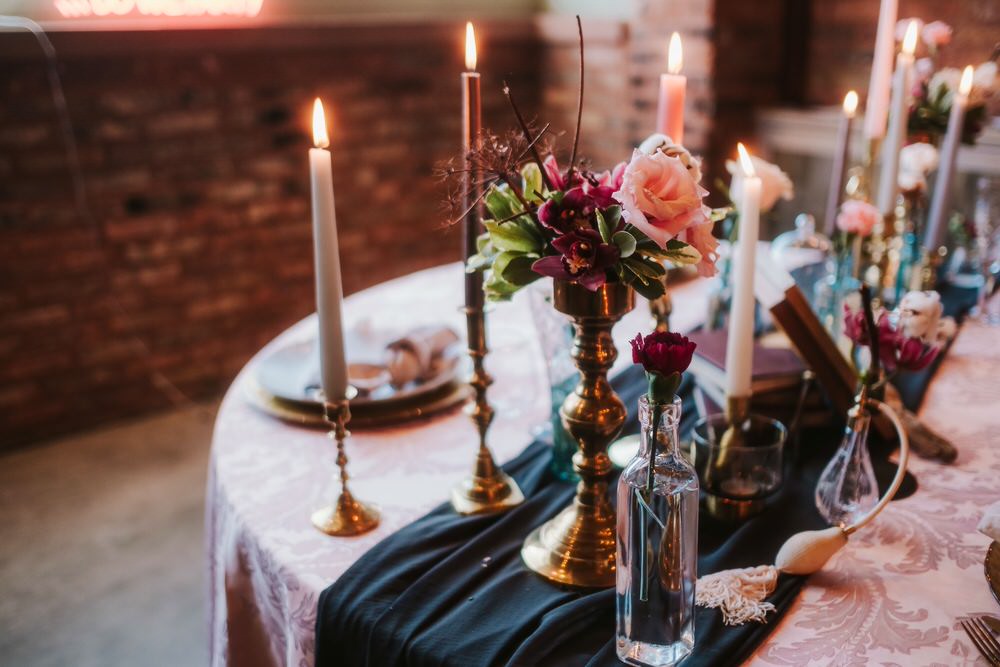 Tablescape Table Decor Flowers Centrepiece Candles Tablewear Romantic Wedding Ideas Neon Lighting Kate McCarthy Photography