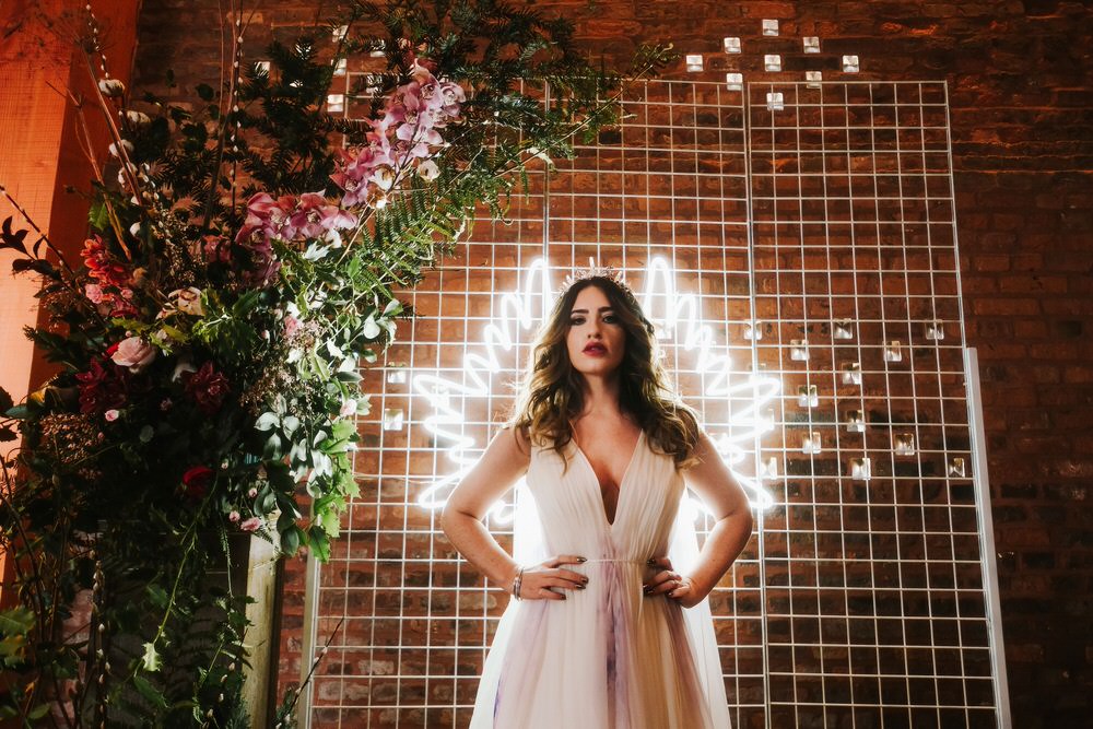 Flower Installation Backdrop Neon Sign Greenery Foliage Metal Romantic Wedding Ideas Neon Lighting Kate McCarthy Photography