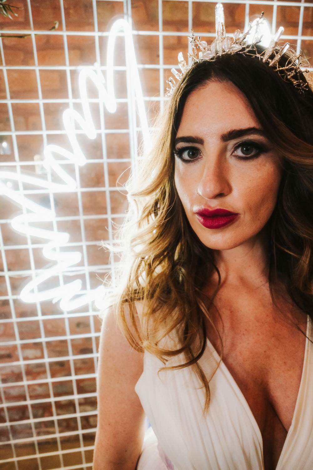 Bride Bridal Make Up Hair Up Do Style Accessory Crown Tiara Romantic Wedding Ideas Neon Lighting Kate McCarthy Photography