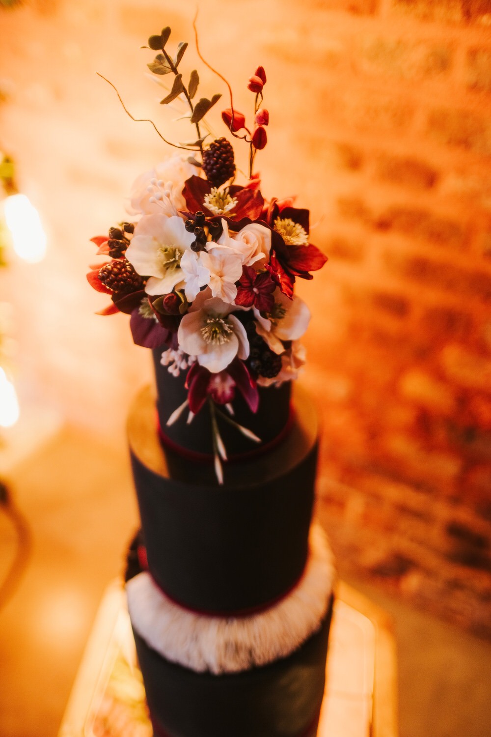 Cake Black Red Blush Floral Tall Flowers Romantic Wedding Ideas Neon Lighting Kate McCarthy Photography