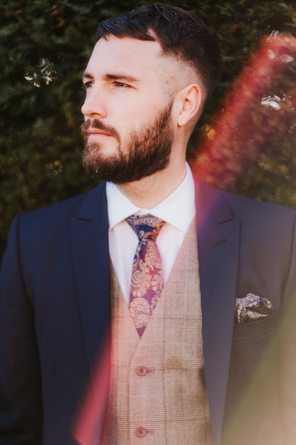 Groom Suit Style Waistcoat Tie Navy Tweed Romantic Wedding Ideas Neon Lighting Kate McCarthy Photography
