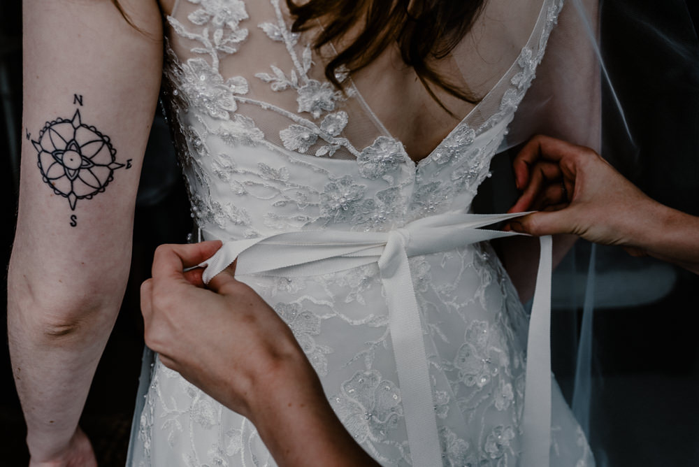 Dress Gown Bride Bridal Lace Bow Back Rustic Barn Wedding Louise Griffin Photography